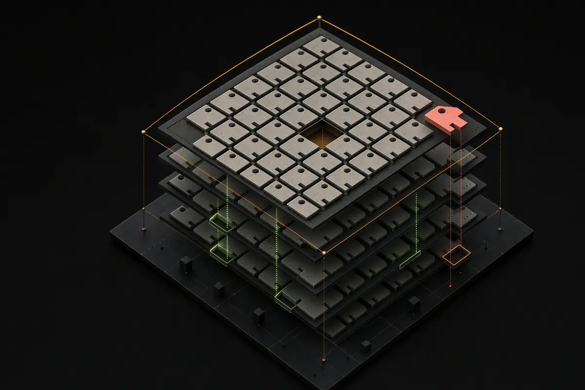 Four dark geometric configuration layers with aligned key-shaped cells, one missing cell, one displaced coral cell, and an amber capacity boundary.